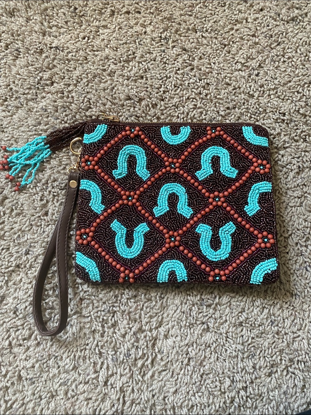 Sincerly Jules Beaded Wristlet Clutch in Turquoise and Brown